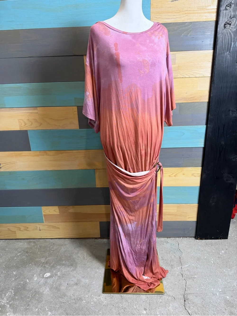 Free People Alyssa Wrap Dress Tie-Dye in Pink and Orange Boho Adjustable D Ring - Picture 2 of 14